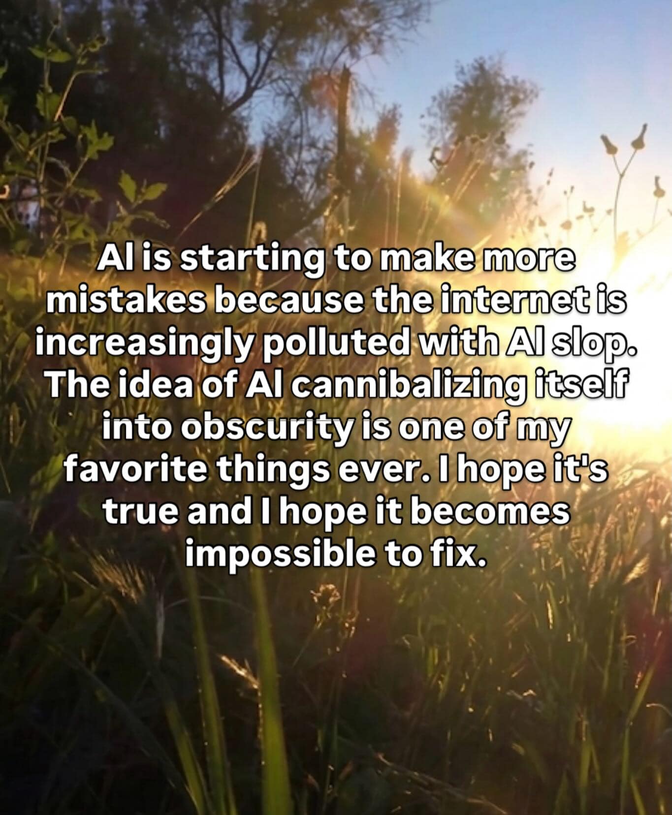 philosophical AI meme overlays a sunlit field with text saying AI is making more mistakes because the internet is polluted with AI slop, celebrating the idea of artificial intelligence cannibalizing its own bad content until it becomes impossible to fix.