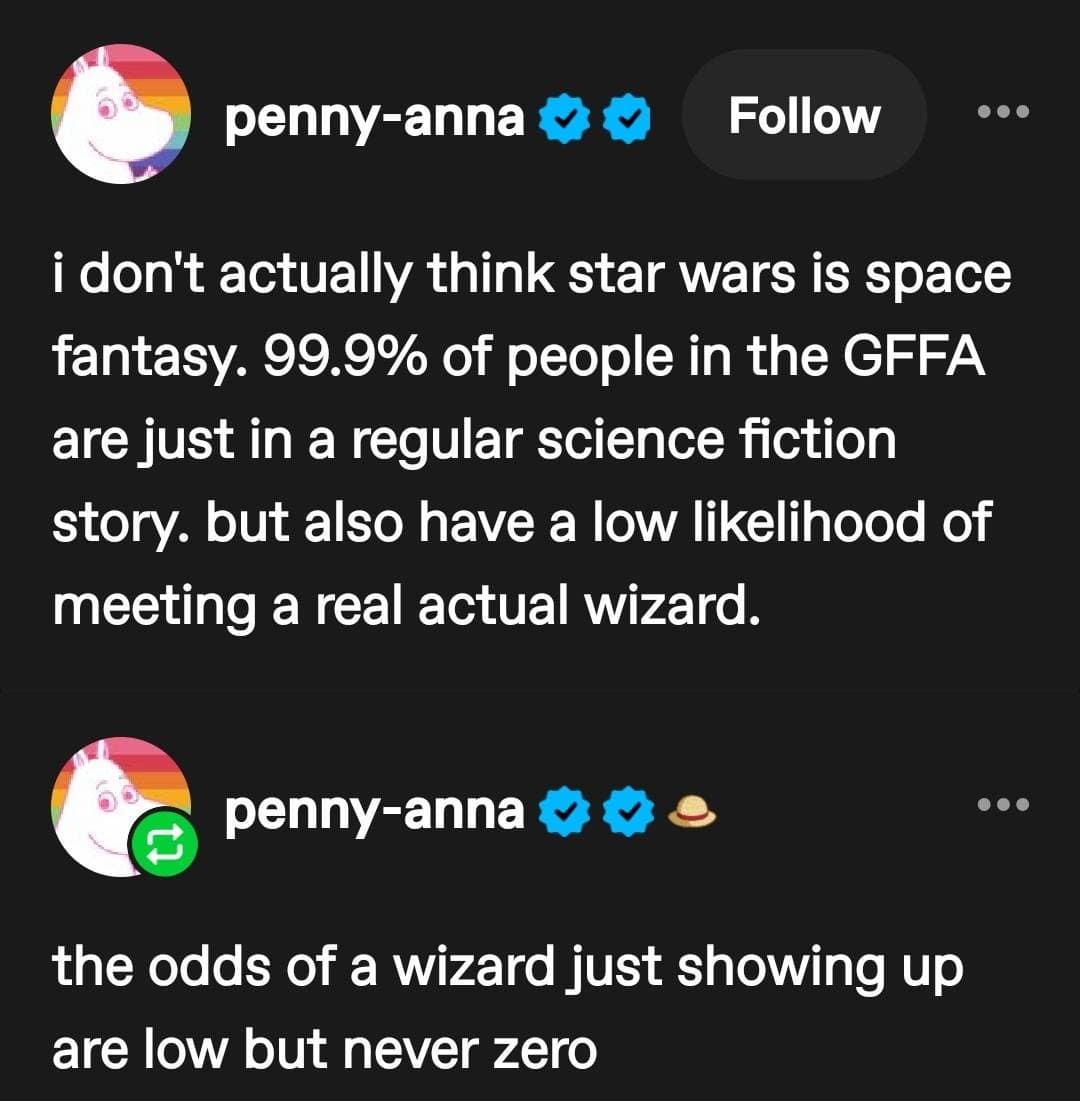 A dark mode Tumblr thread from a sci-fi meme dump debating the mundane reality of regular citizens in the Star Wars universe (GFFA), ending with the legendary tagline: "the odds of a wizard just showing up are low but never zero."