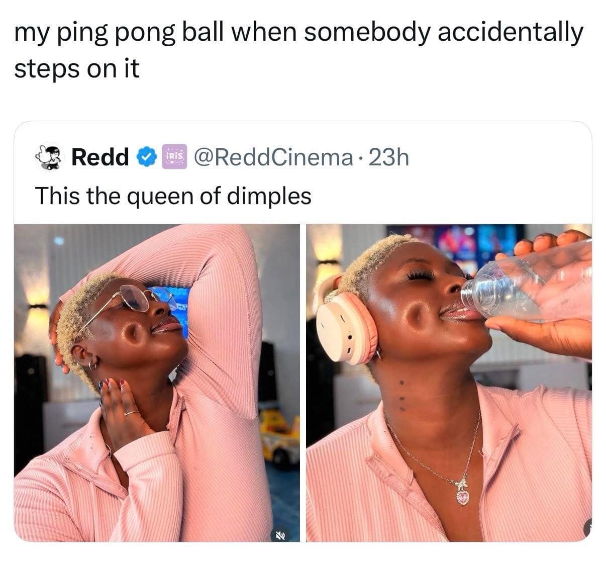 A viral social media post screenshot from a meme dump comparing a woman's incredibly deep cheek dimples to a ping pong ball that has been accidentally stepped on and dented.