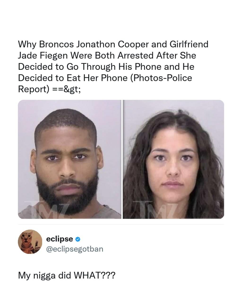 A shocking celebrity news headline screenshot archived in a meme dump reporting that Denver Broncos player Jonathon Cooper and his partner were arrested after he allegedly decided to literally eat her smartphone to stop her from scrolling through it.