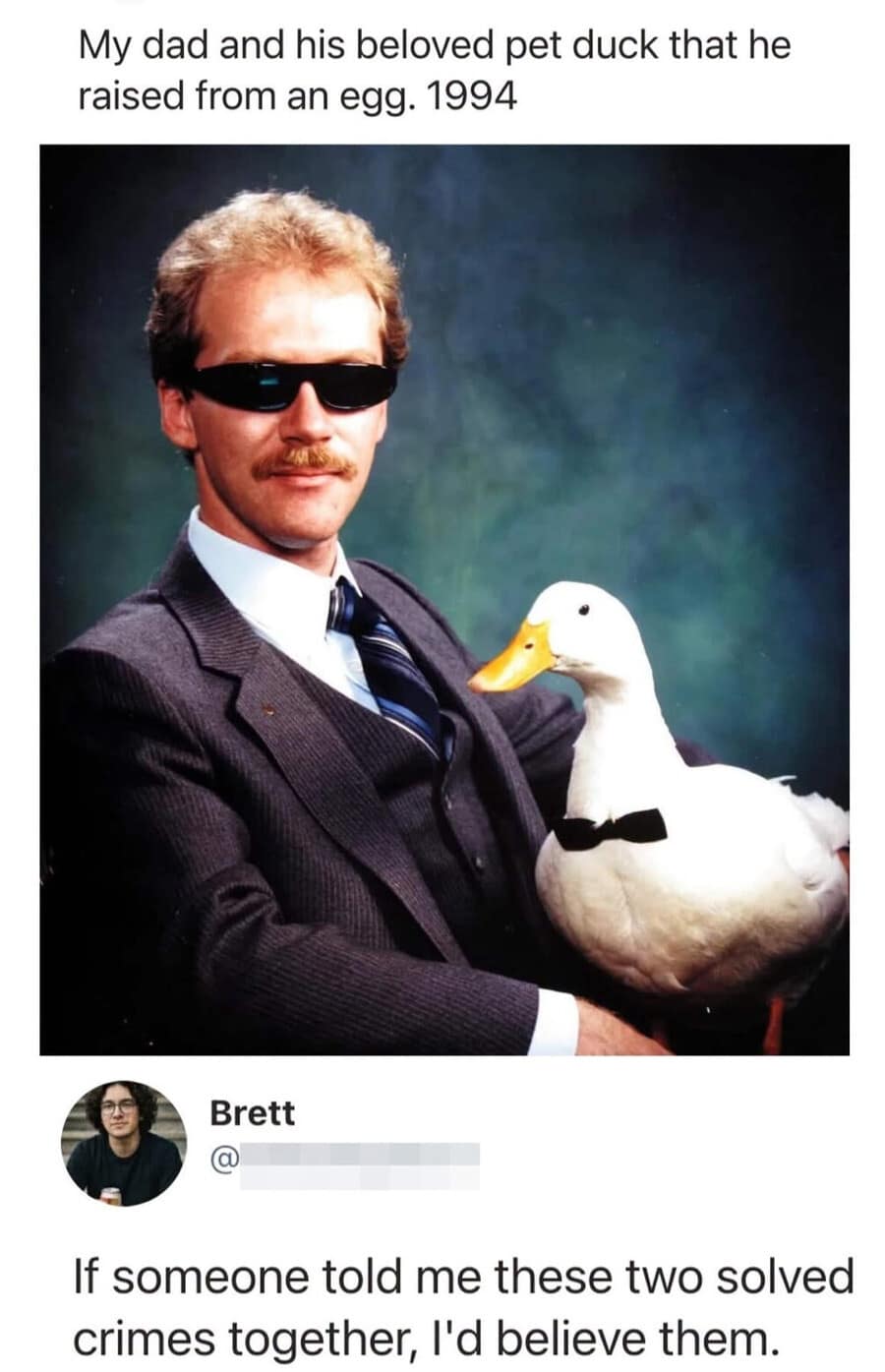 A retro 1990s portrait featured in a popular internet meme dump, capturing a suave man with a mustache and dark sunglasses wearing a sharp gray suit while cradling a pet white duck that is wearing a tiny black bowtie, quote-tweeted with the caption that they look like a crime-solving duo.