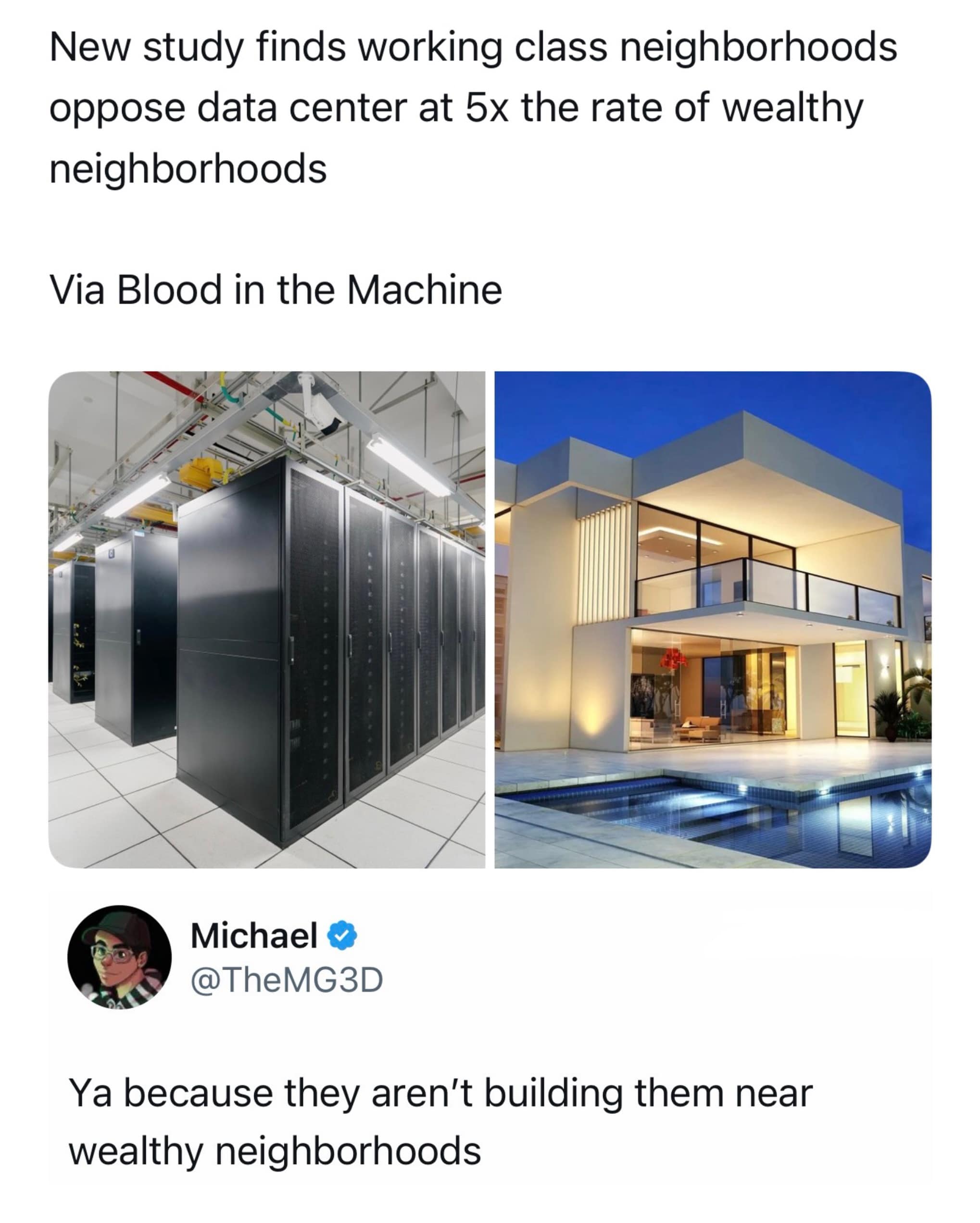A modern urban development commentary snippet inside a meme dump contrasting a high-density server rack facility with a luxury multi-million dollar mansion, featuring a sharp reply about zoning biases.