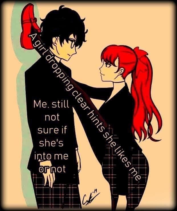 A Persona 5 anime illustration used in a funny meme depicting a red-haired girl lifting her leg completely over a boy's shoulder to hint at her affection, with text about a guy completely missing obvious signs.