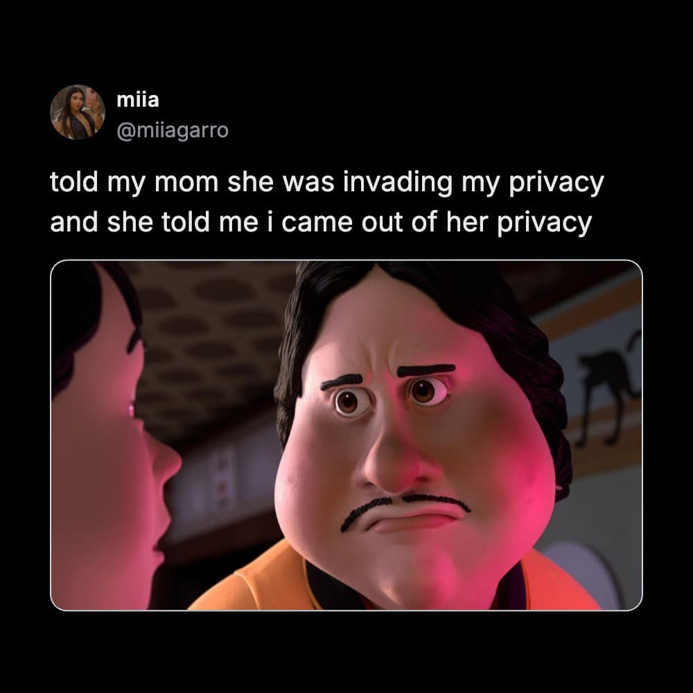 A meme dump parental clapback post featuring a tweet from user miia explaining that she told her mom she was invading her privacy, only for her mom to respond that she "came out of her privacy," accompanied by a close-up of a shocked, wide-eyed 3D animated character.