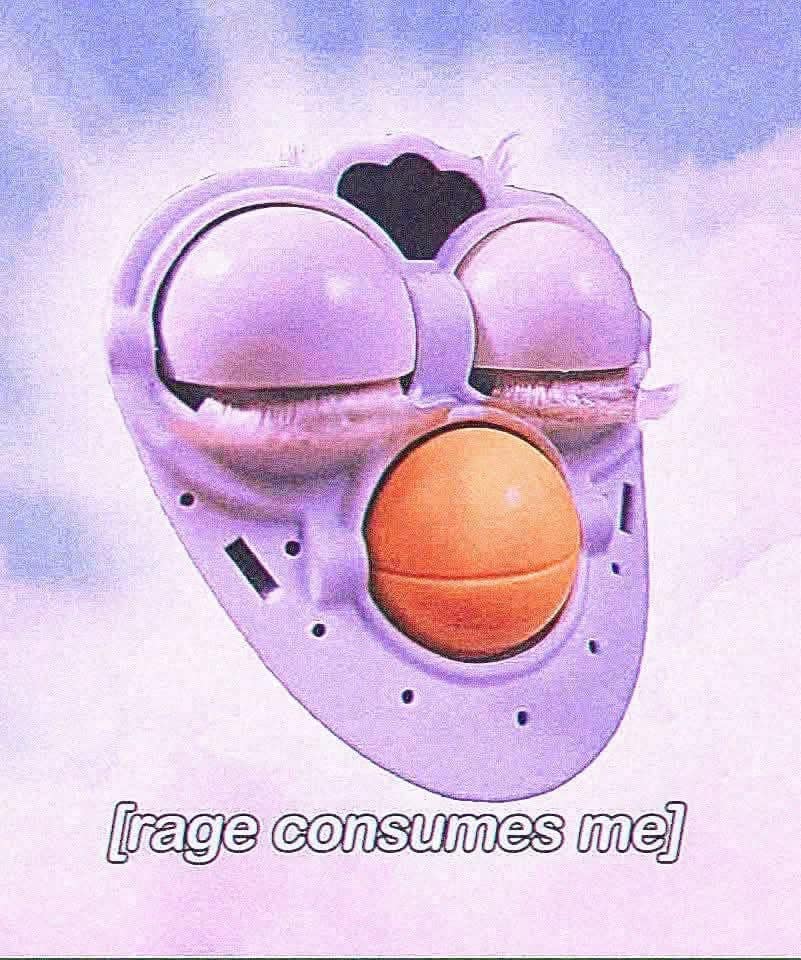 A tightly cropped macro image from a meme dump showing a distorted, brightly colored purple plastic toy face with wide unblinking eyes above the text caption "[rage consumes me]".