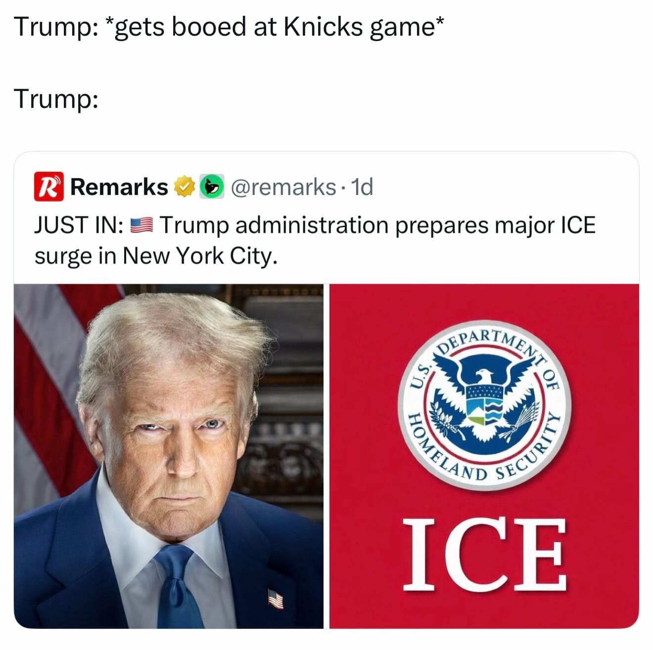 A political satire screenshot within a meme dump framing a news headline about a major immigration enforcement surge in New York City as a direct retaliation for Donald Trump getting booed at a basketball game.