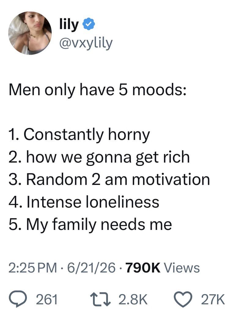 A meme dump psychological breakdown tweet from user lily listing the only five hyper-specific moods that men possess, ranging from "constantly horny" and "how we gonna get rich" to a "random 2 am motivation."