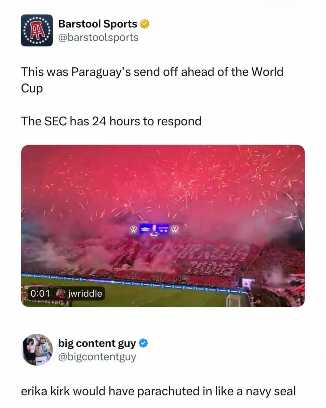 A sports meme dump screenshot shows Barstool Sports joking that Paraguay’s World Cup send-off looked like a stadium-wide fireworks apocalypse, with red smoke and flares filling the stands while a reply says Erika Kirk would have parachuted in like a Navy SEAL.