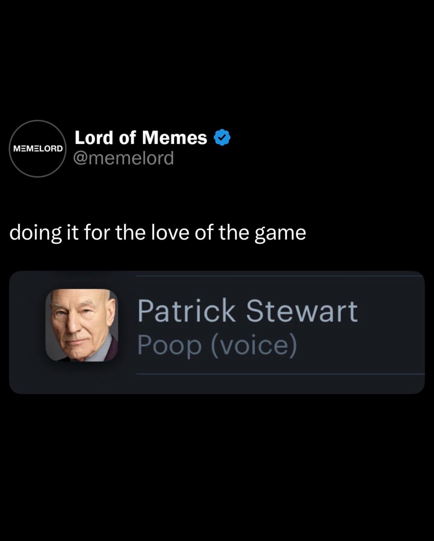 A viral internet post from a meme dump highlighting an official film casting credit for Sir Patrick Stewart providing the distinguished voiceover work for the Poop emoji.