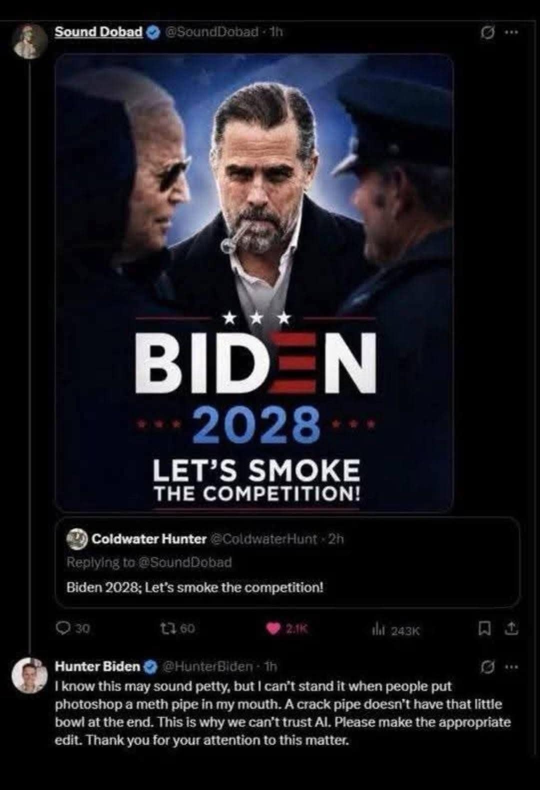 A political parody thread showing a photoshopped campaign poster getting heavily criticized by a parody account over the technical accuracy of a simulated pipe, framed as a funny meme.