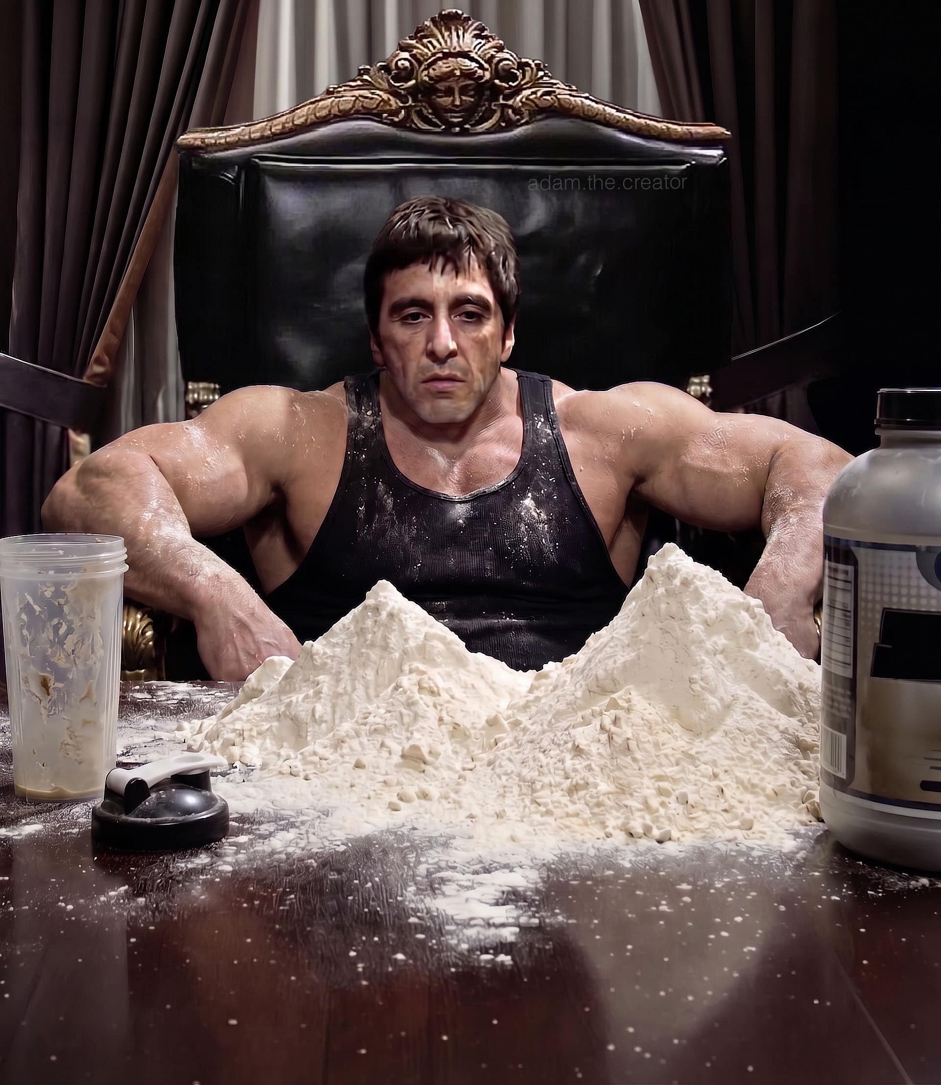 fitness parody from a bodybuilder meme dump photoshopping Al Pacino's Tony Montana character from Scarface onto a massive bodybuilder physique, sitting behind a desk covered in mountains of pure white whey protein powder.