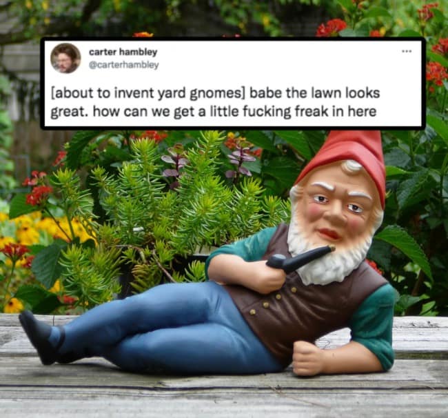 A funny meme featuring a tweet by user carter hambley humorously imagining the bizarre internal thought process behind inventing decorative yard gnomes: "babe the lawn looks great. how can we get a little fucking freak in here," paired with a photo of a sassy, pipe-smoking garden gnome.
