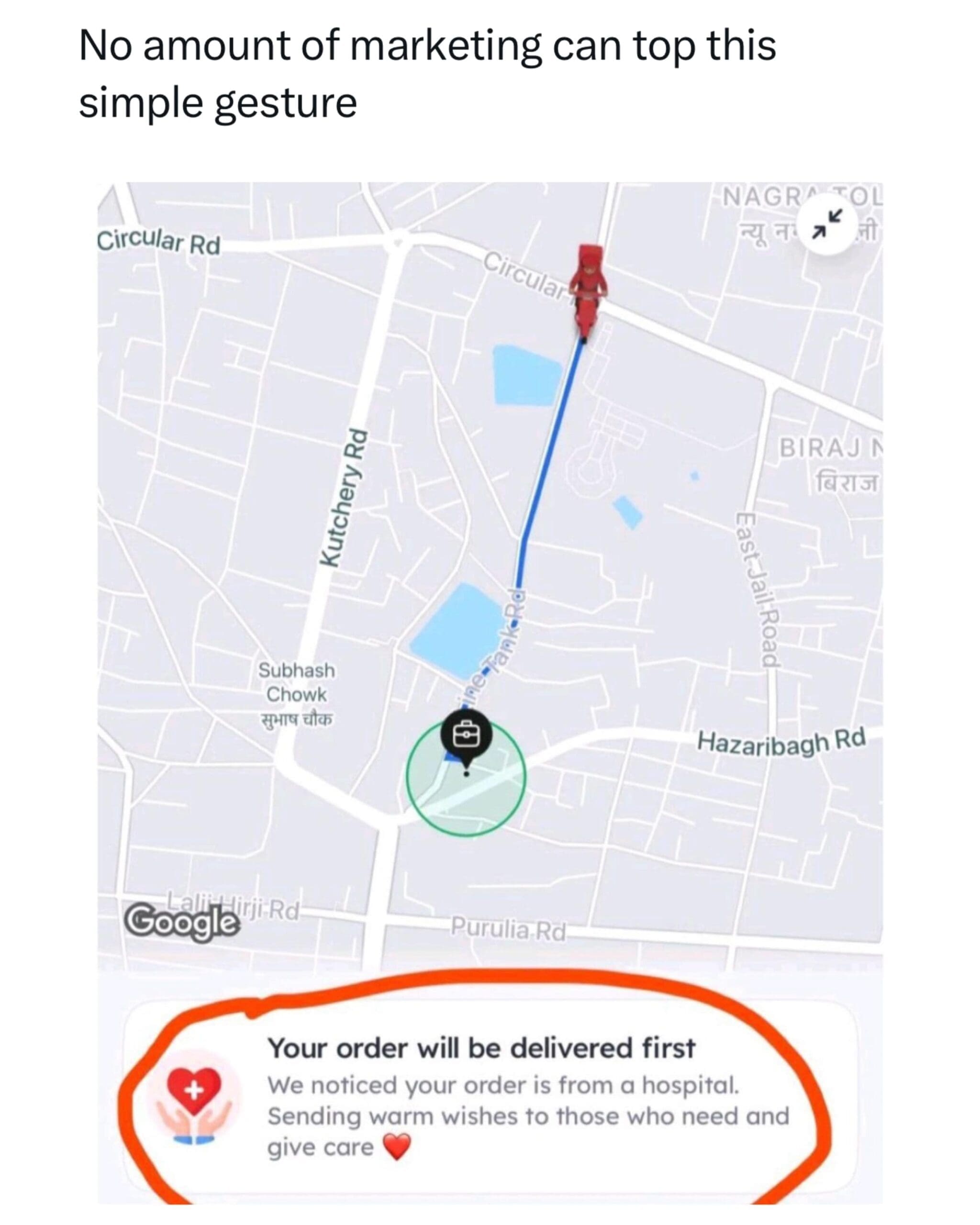 Concluding this comprehensive meme dump sequence is a heart-warming mobile app interface screenshot showing a Google Maps delivery route that prioritizes a local hospital, declaring that gestures like this easily beat standard marketing campaigns.