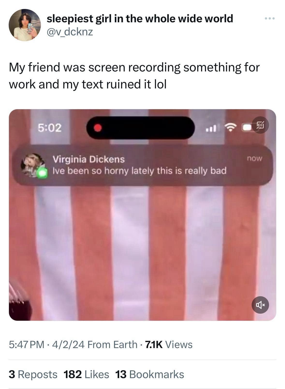 A workplace communication disaster captured in a social media meme dump highlights an iPhone screen-recording snippet where an official work presentation capture is completely derailed by a pop-up text notification from Virginia Dickens confessing her personal romantic frustrations.