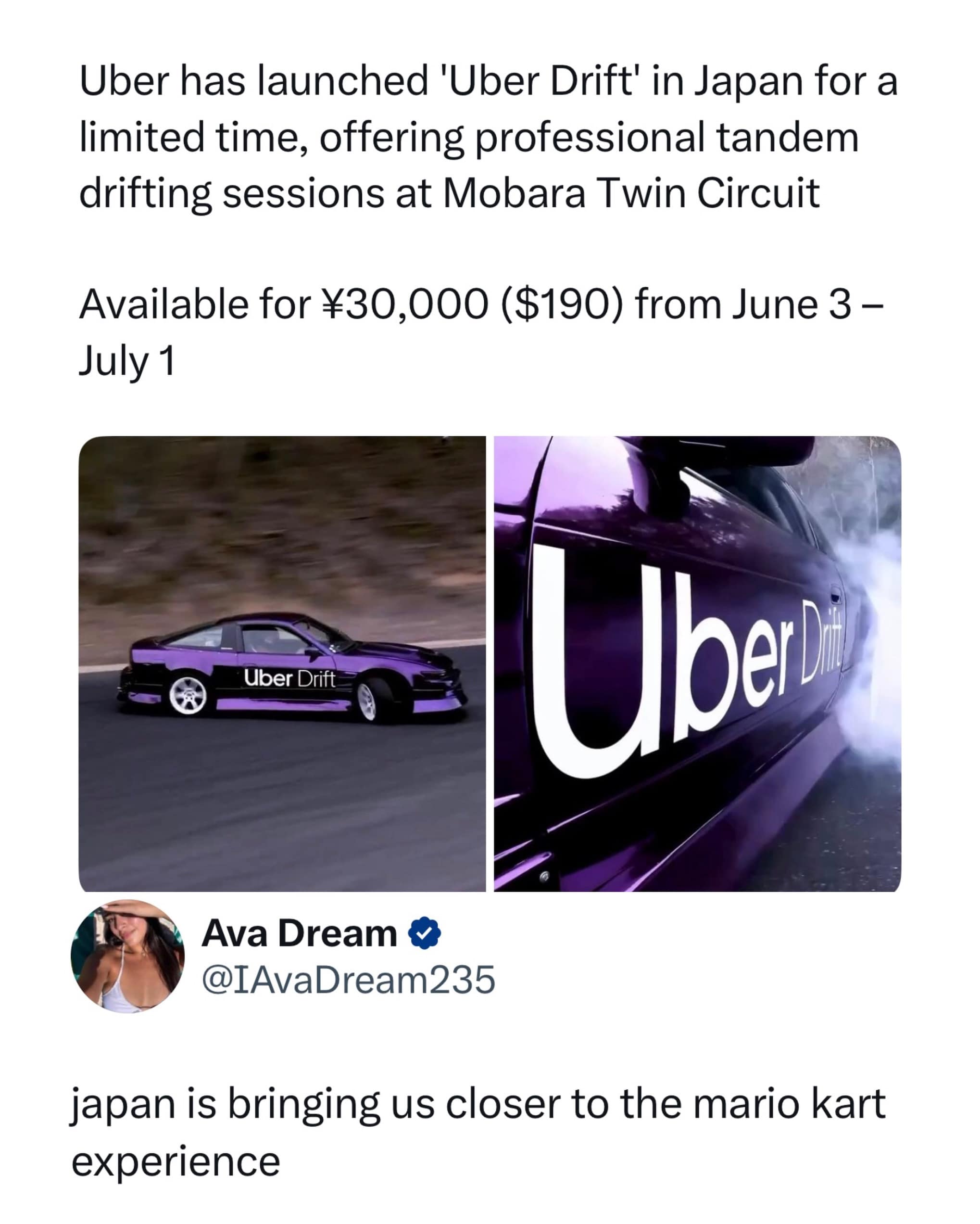An action-sports screenshot archived in a meme dump detailing a limited-time "Uber Drift" tandem racing experience in Japan, completed by a social media comment noting that Japan is bringing us closer to the Mario Kart experience.