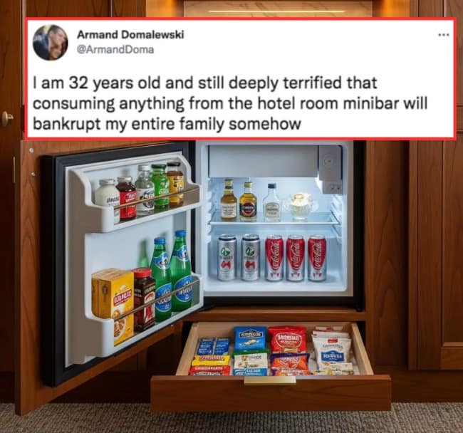 An incredibly relatable meme dump post features an open, fully stocked hotel room minibar under a tweet expressing lifelong dread that consuming a single snack item will somehow bankrupt an entire family.
