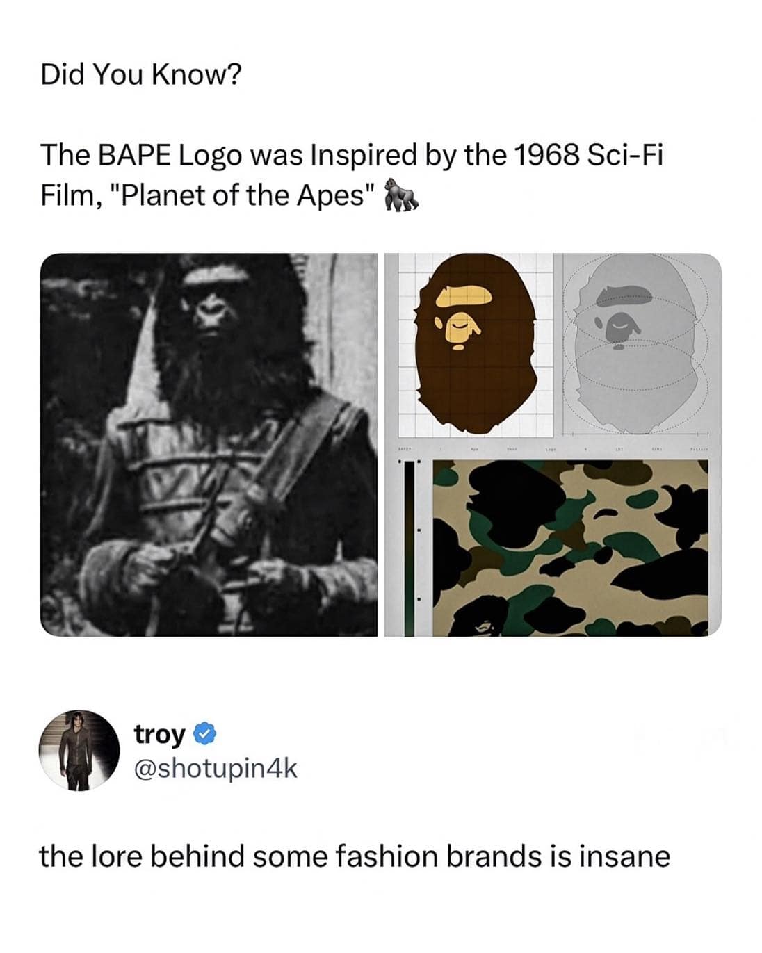 A fascinating pop-culture fashion trivia graphic from a meme dump highlights a side-by-side comparison showing an ape soldier from the 1968 classic film Planet of the Apes next to the structural evolution grid of the famous streetwear brand BAPE logo and camouflage pattern.