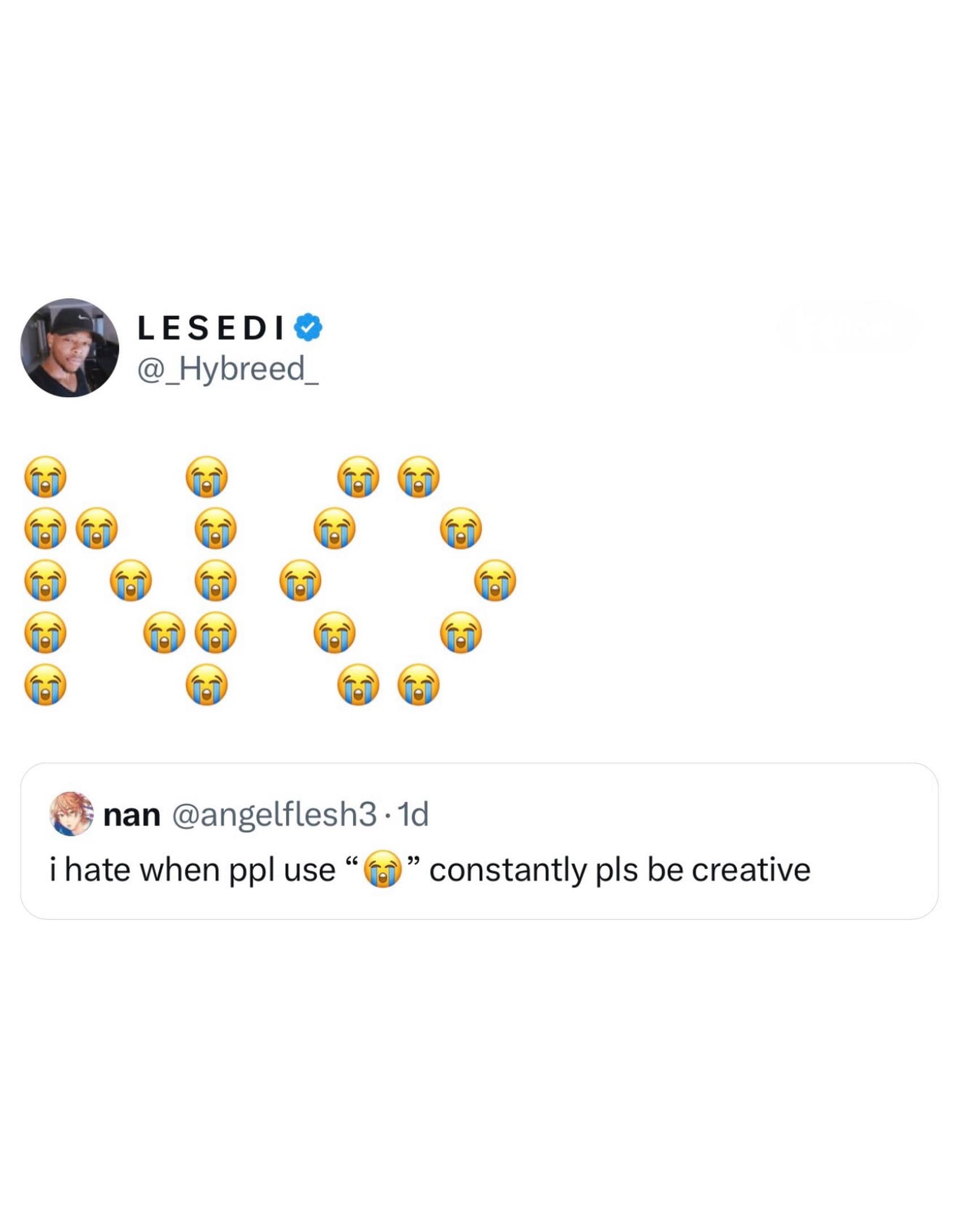 Twitter text layout in a meme dump spelling out the word "NO" entirely with crying emojis as a direct reply to a user complaining about people using that exact emoji.
