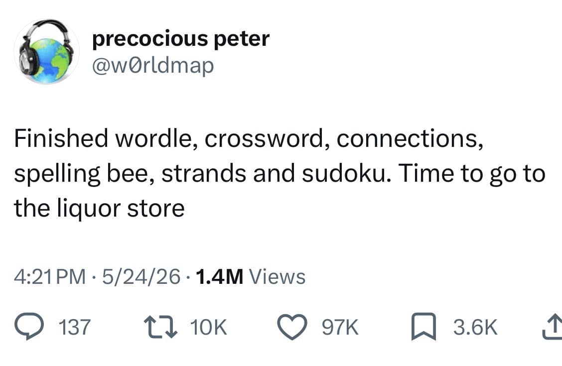 A dark mode screenshot of a lifestyle text post on X by user precocious peter (@w0rldmap) from a hilarious meme stream. The text reads: "Finished wordle, crossword, connections, spelling bee, strands and sudoku. Time to go to the liquor store."