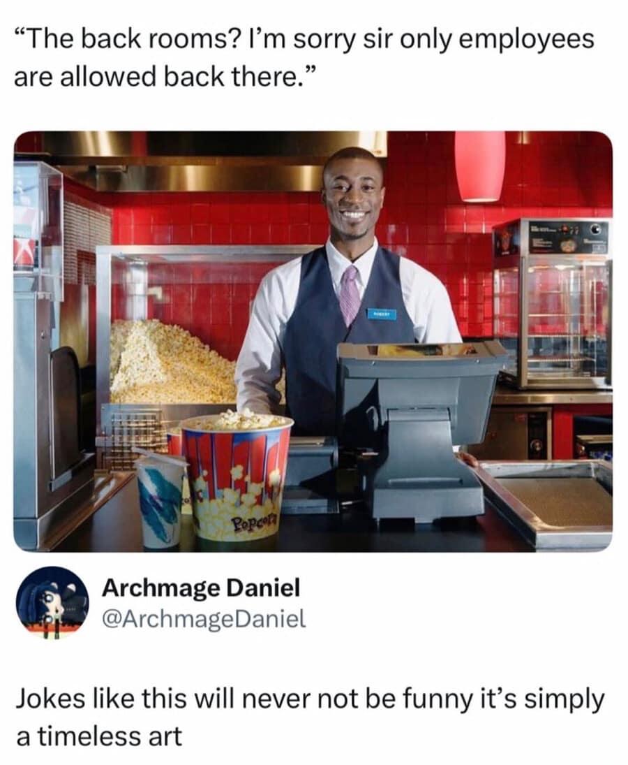 creative liminal horror pun post inside a meme dump showing a stock photo of a theater concession worker stating that customers aren't allowed in the "back rooms," followed by a user comment praising the meta joke regarding the famous internet creepypasta.