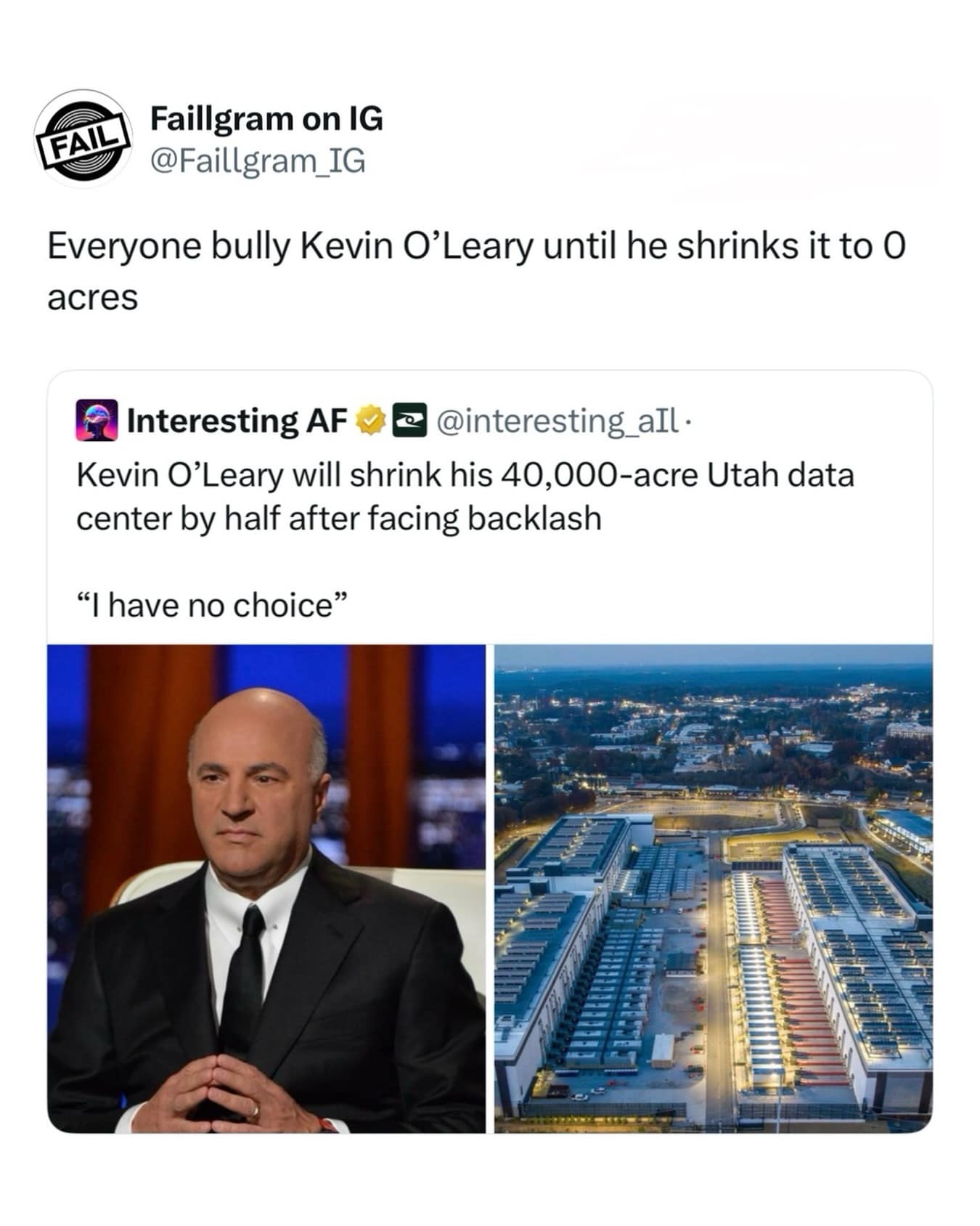 Kevin O'Leary screenshot from a meme dump detailing a data center news headline next to a formal corporate portrait of the Shark Tank host.