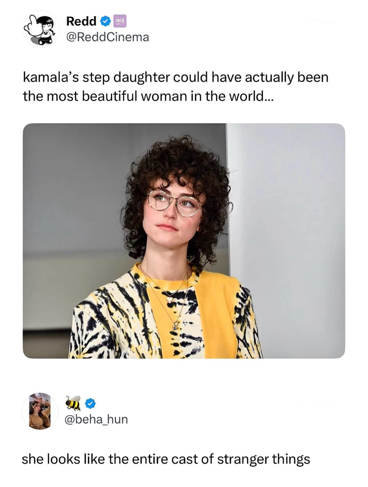 Two-part quote tweet graphic inside a funny meme poking fun at an image of Ella Emhoff by claiming she looks like the entire ensemble cast of the Netflix show Stranger Things.
