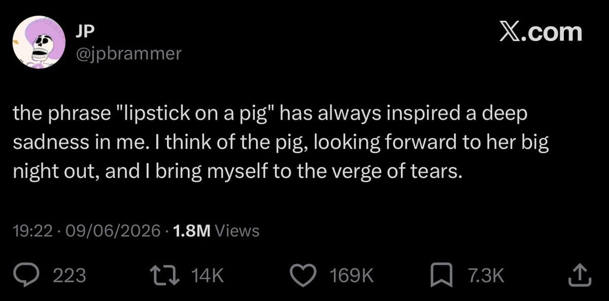A microblogging text post screenshot by user JP (@jpbrammer) included in a popular meme dump, describing a deep and specific sadness inspired by the idiom "lipstick on a pig" by over-empathizing with a fictional pig who was genuinely excited for her big night out.