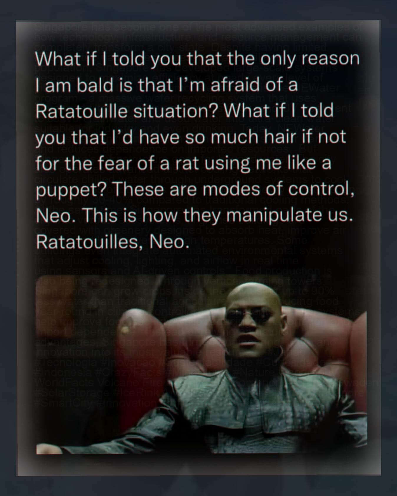 An absurdist movie monologue parody screenshot included in a meme dump where Morpheus from The Matrix delivers a deadpan speech to Neo claiming he is only bald out of deep psychological fear of a puppet control scenario from Pixar's Ratatouille.