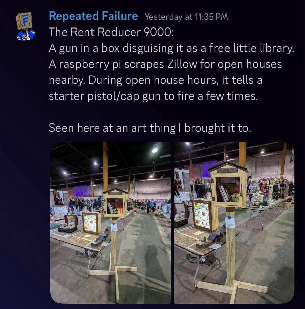 A text and image post showcasing a chaotic DIY invention called "The Rent Reducer 9000," an unhinged entry in this meme dump detailing a Raspberry Pi system housed inside a fake little free library that automatically fires a cap gun during nearby Zillow open houses to keep property values low.