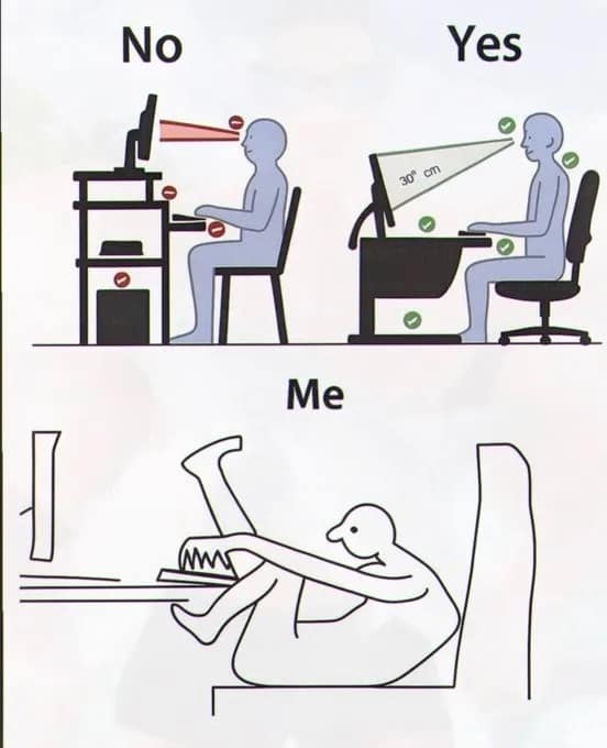 A meme dump ergonomic posture infographic showing correct and incorrect desk seating alignments compared to a chaotic, folded-up line drawing of an average laptop user.