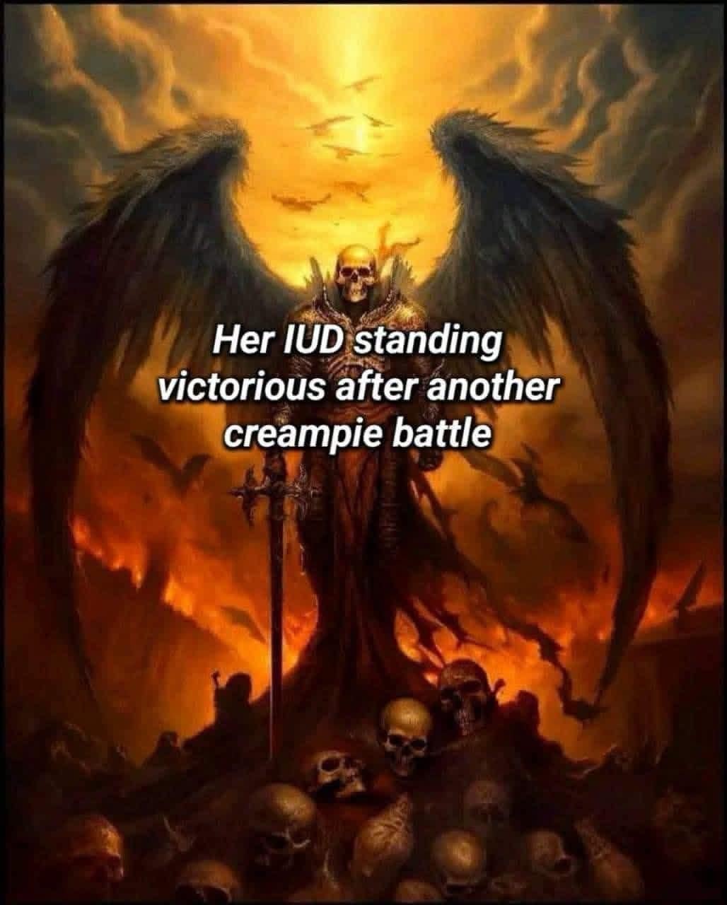 A funny meme from a popular online meme dump utilizing epic, dark-fantasy heavy metal album art of a winged skeletal reaper standing victoriously over a mountain of skulls, captioned with an irreverent adult anatomical comparison: "Her IUD standing victorious after another creampie battle".