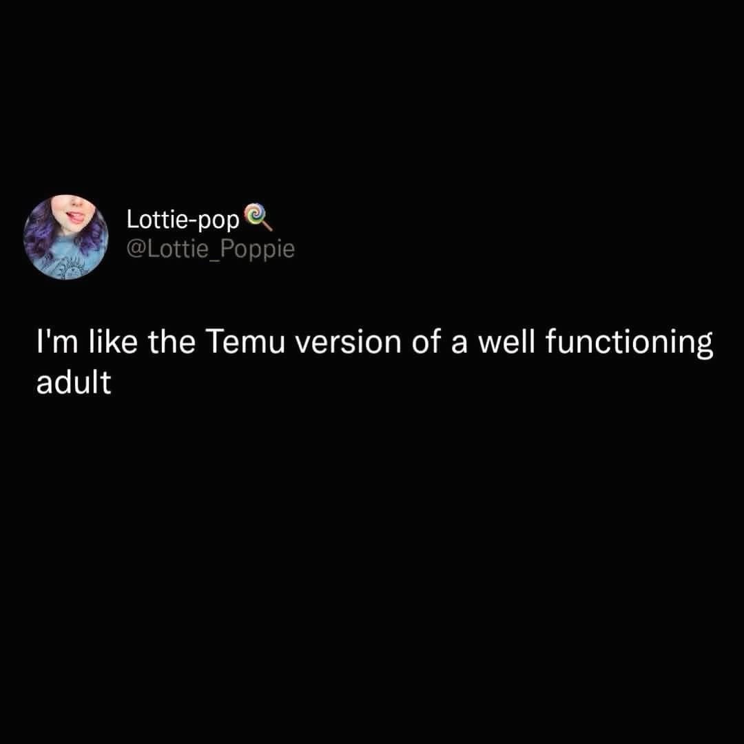 A self-deprecating millennial life post included in a funny meme dump features a text thought from user @Lottie_Poppie comparing her performance as a functioning adult to a cheap, poorly manufactured drop-shipped knockoff version from Temu.