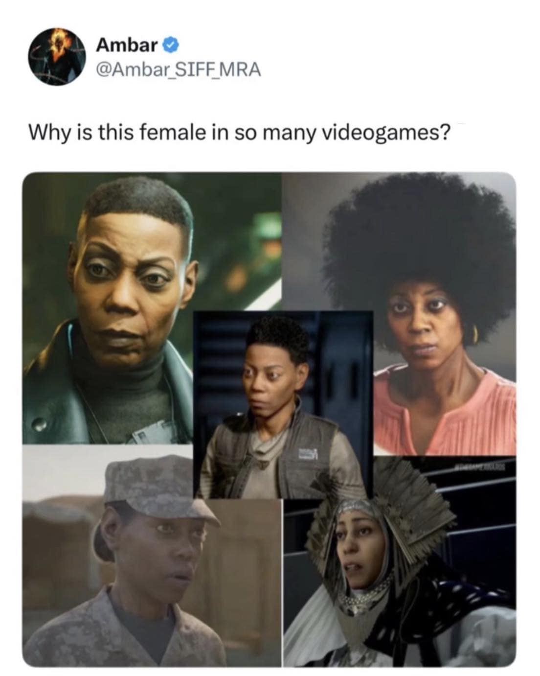 A viral video game industry observation from a meme dump compiles an image grid of five distinct modern video game characters across different franchises that all distinctly utilize the face model and likeness of prolific voice actress Debra Wilson.