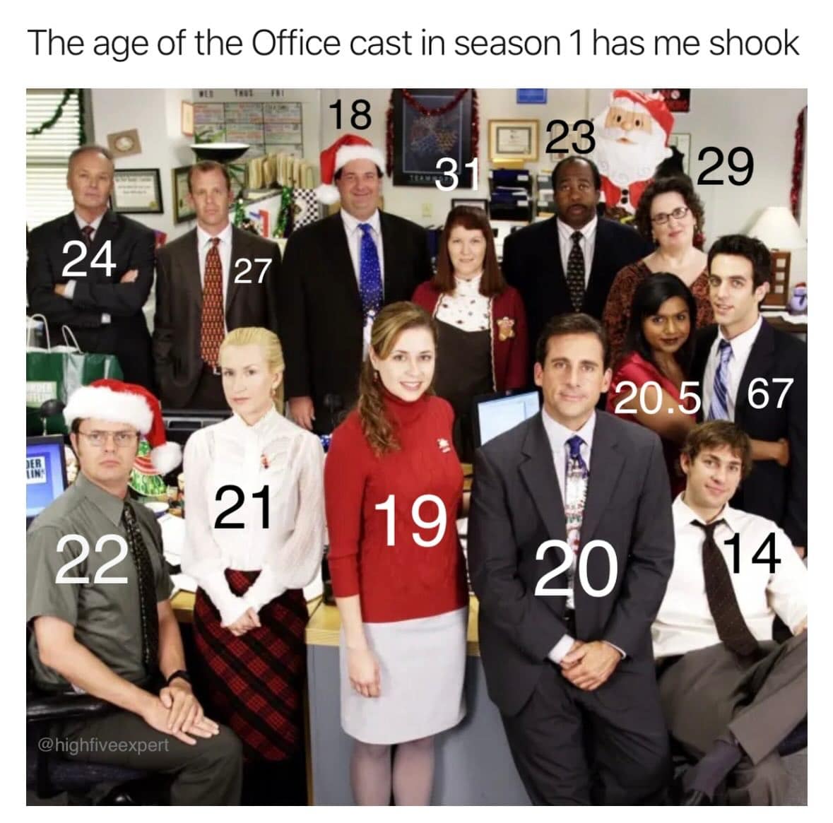 Promotional cast photo of the television show The Office featured in a funny meme layout with completely absurd, randomized low and high age numbers edited over each actor's face.