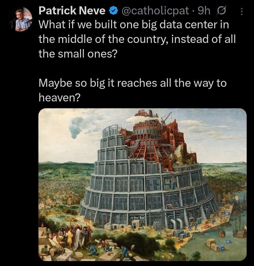 A highly creative historical art mashup from a meme dump showing a Renaissance style rendering of the Tower of Babel edited entirely out of modern server rack enclosures, cooling ducts, and electrical power transformers.