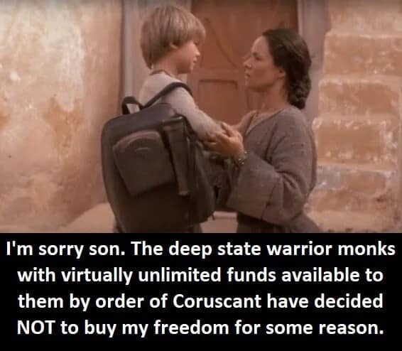 A cinematic movie still parody inside a sci-fi meme dump showing Shmi Skywalker holding a young Anakin, edited with subtitle text criticizing the incredibly wealthy Jedi Order for choosing not to buy her freedom from slavery.