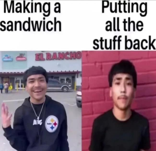 meme dump split-panel joke contrasting the massive smiling joy of shopping for ingredients to make a sandwich with the profound emotional drainage of cleaning up and putting the condiments away.