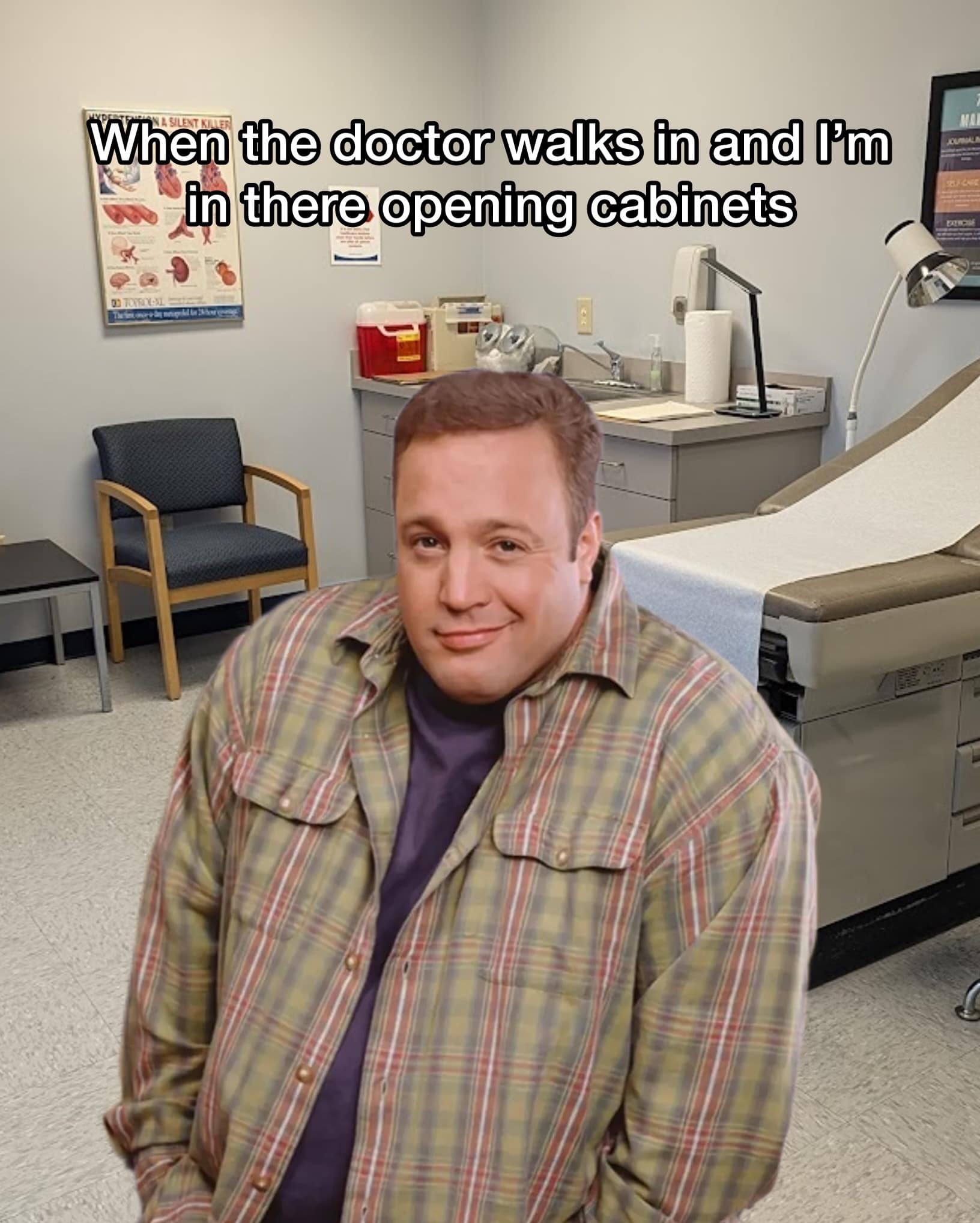 A reaction image macro from a popular meme dump clear-cuts the infamous Kevin James smirking plaid shirt meme into a sterile medical doctor's exam room, perfectly capturing the awkwardness of getting caught red-handed snooping inside the medical cabinets.