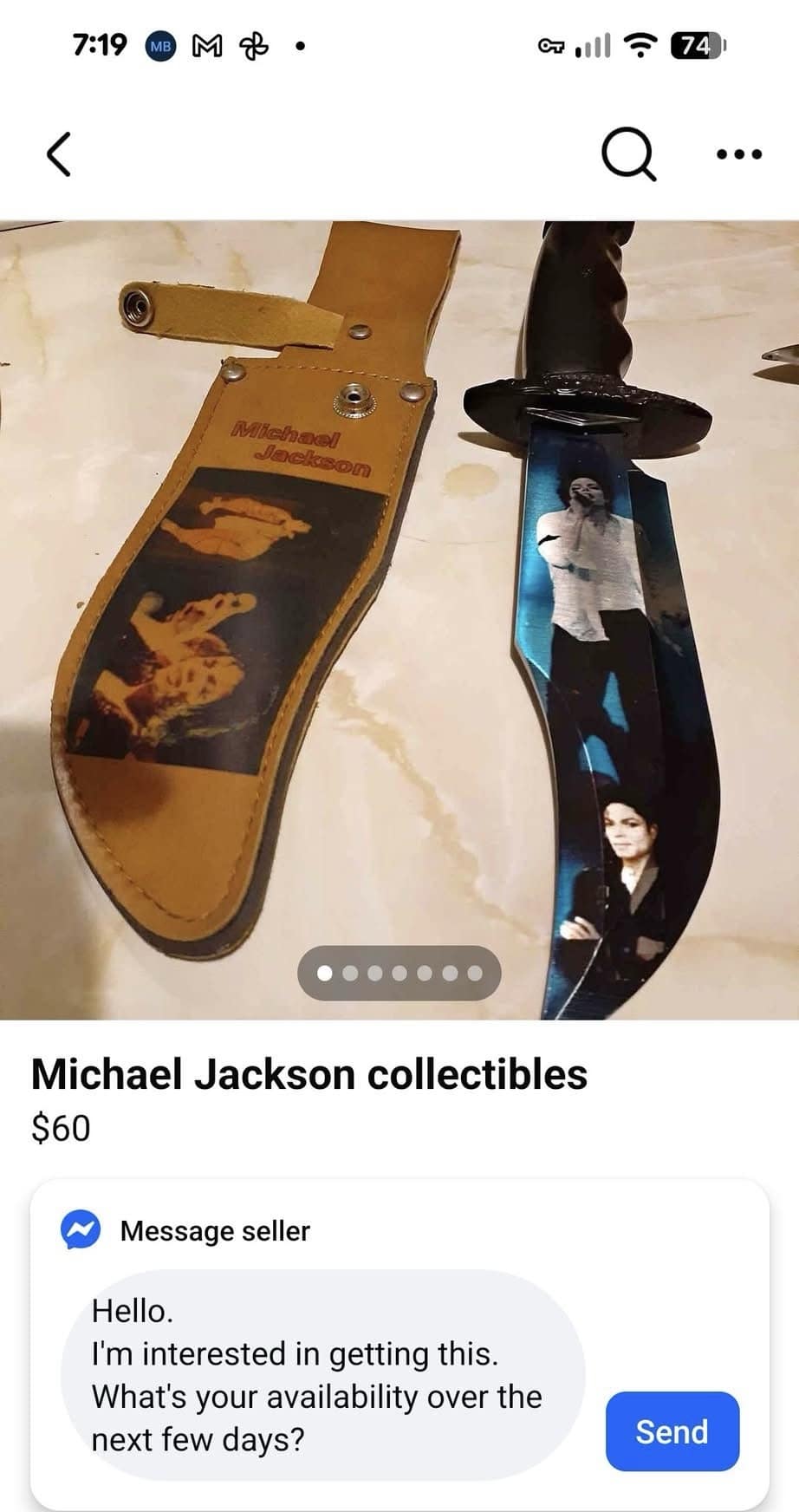 Online e-commerce marketplace screenshot from a chaotic meme dump listing a custom, airbrushed Michael Jackson themed hunting knife and matching leather sheath collectible for sixty dollars.