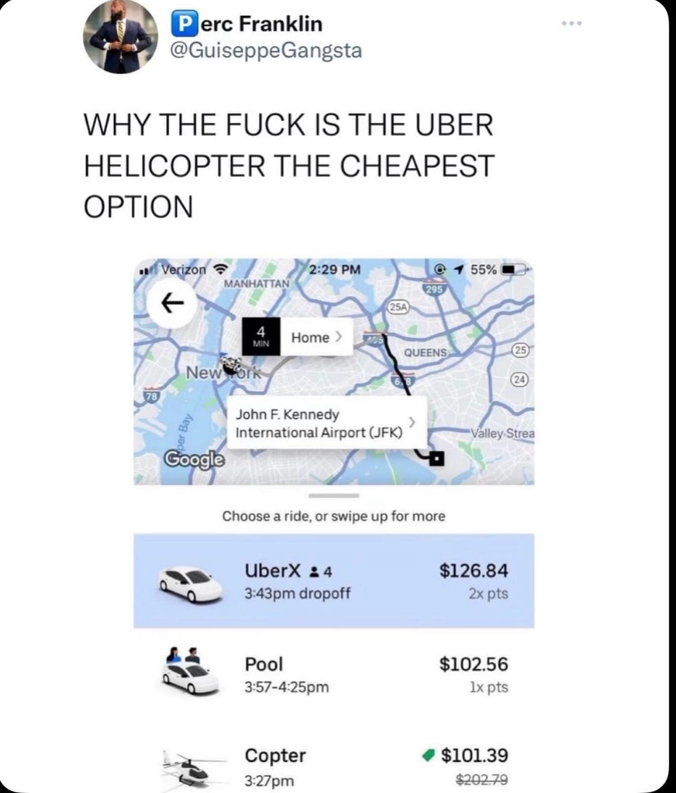 A chaotic mobile app booking screen from a meme dump where a user traveling from JFK Airport to Manhattan points out that a literal helicopter flight ("Copter") is priced cheaper than a standard ground-level UberX or Pool car ride.