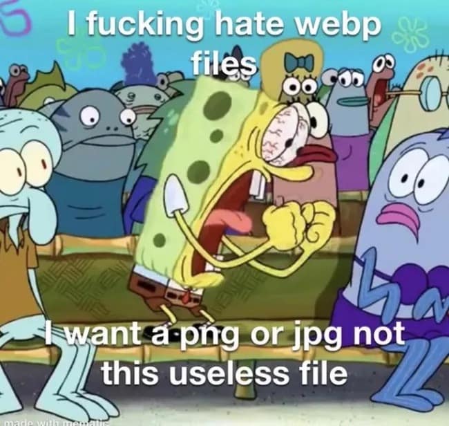 A meme dump file format complaint utilizing a screenshot of an aggressively screaming SpongeBob SquarePants to vent absolute frustration over accidentally downloading modern .webp files instead of standard .png or .jpg image extensions.
