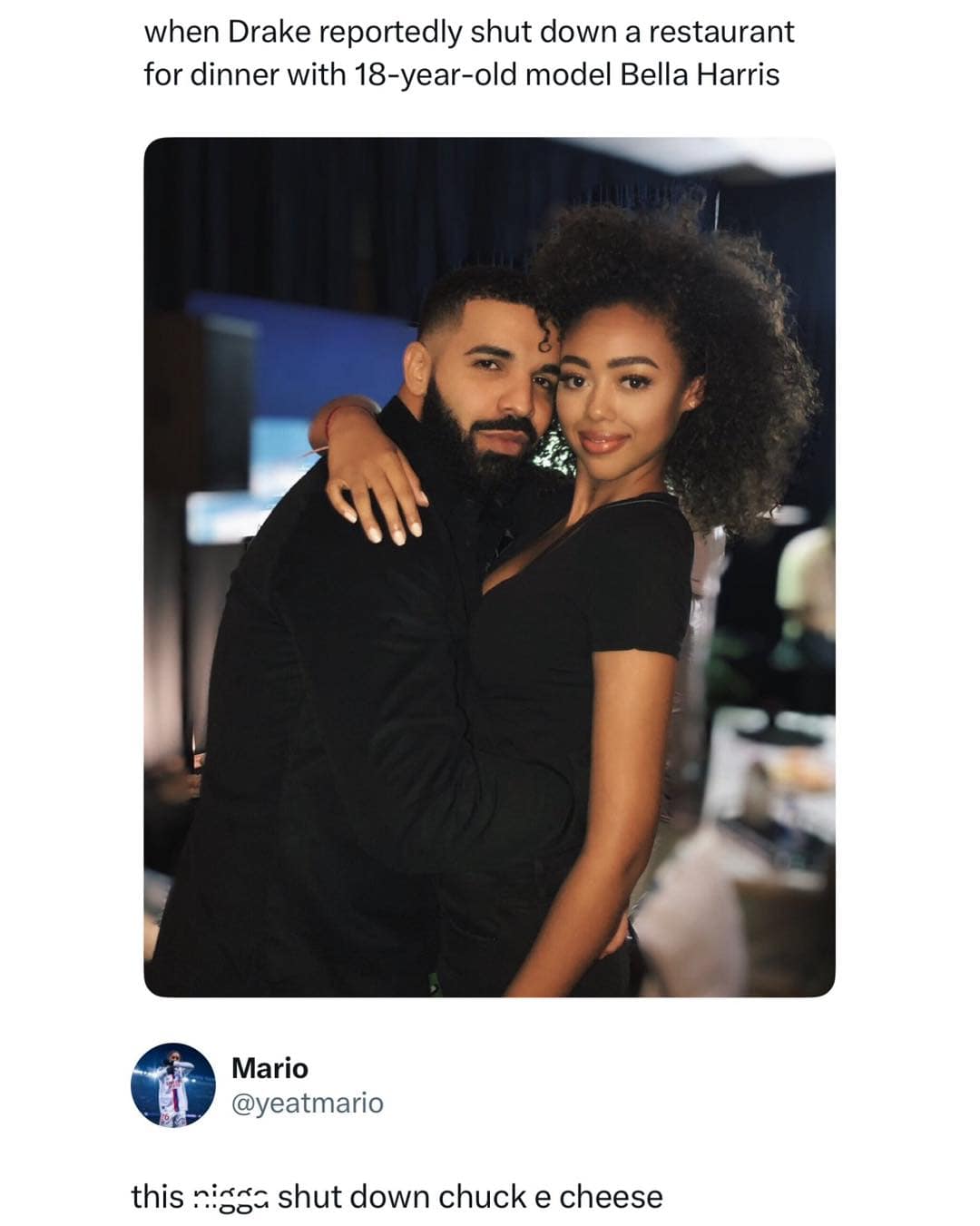 A celebrity news roast from a meme dump features a photo of rapper Drake embracing an 18-year-old model after reportedly shutting down an entire restaurant for their private date, paired with a savage quote-tweet mocking him for shutting down a Chuck E. Cheese.