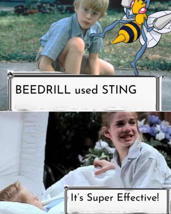 A pitch-black humor crossover meme from a meme dump combining the devastating bee attack scene from the 90s movie My Girl with a retro Game Boy Pokémon battle layout. The top image shows Macaulay Culkin's character being targeted by a pixelated Beedrill sprite using "STING," while the bottom image shows Vada crying at his open casket over the text box "It's Super Effective!"