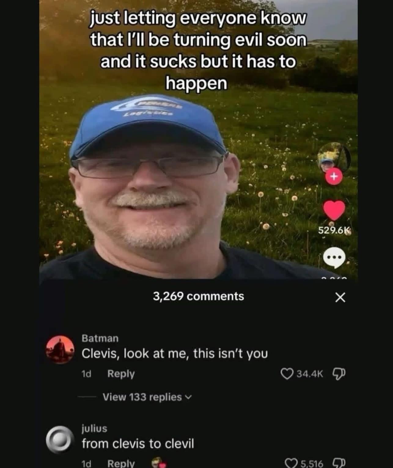 A chaotic social media video frame in a meme dump where a friendly-looking delivery driver named Clevis calmly announces his impending villain arc, prompting a desperate plea from Batman in the comments section.