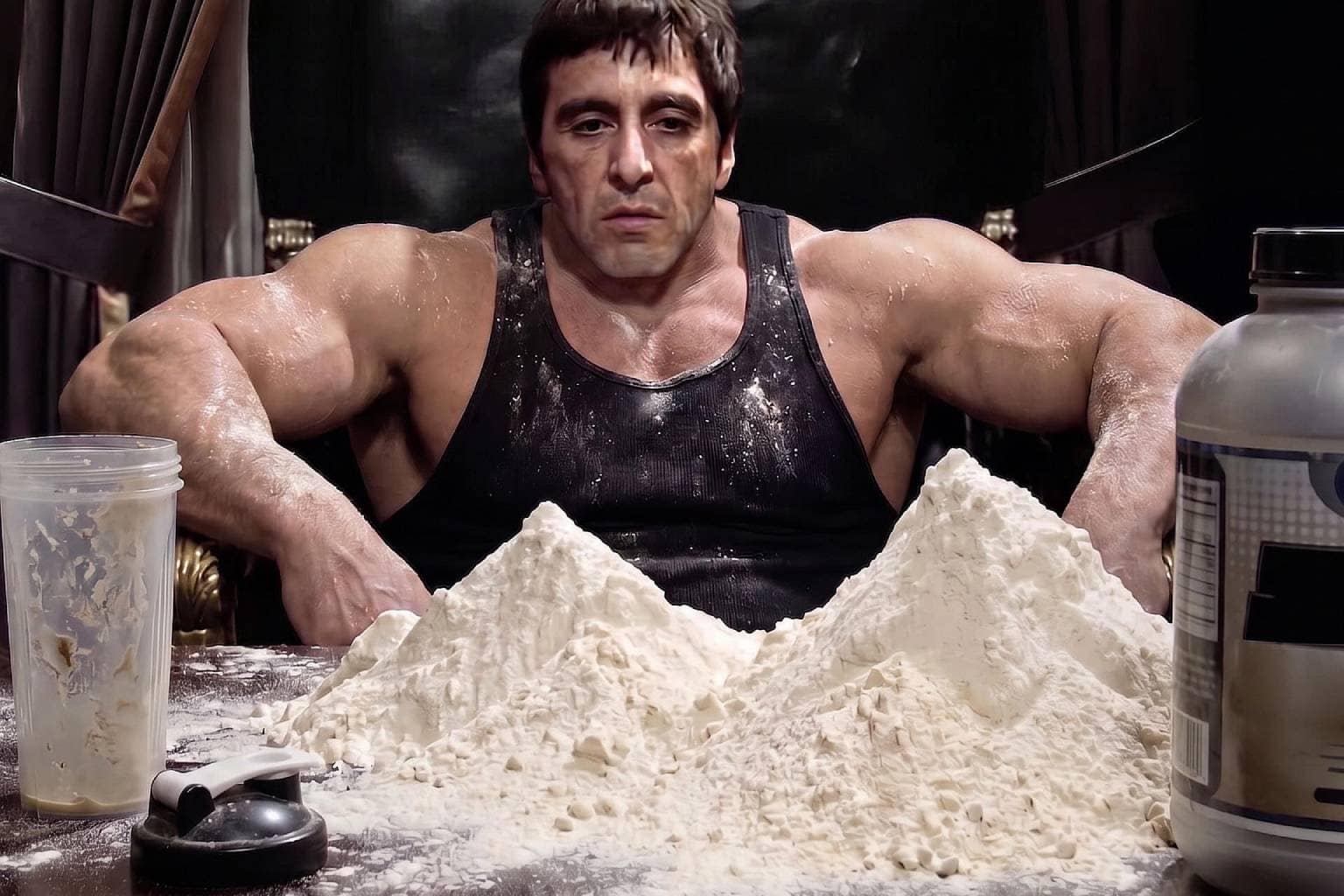 A comprehensively compiled gallery banner celebrating an unhinged meme dump stream, front-loading a custom Facebook Marketplace listing for an airbrushed Michael Jackson hunting knife, a baked holiday gingerbread man cookie featuring a hyper-realistic human face with blue eyes, and an edited cinematic screenshot of Scarface's Tony Montana photoshopped onto a massive bodybuilder frame behind giant mountains of white whey protein powder.