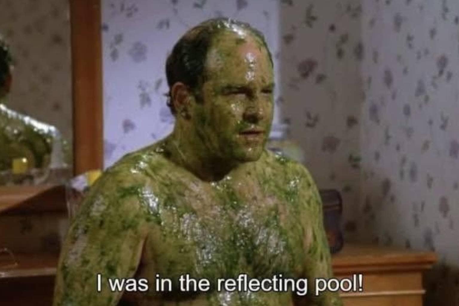 meme dump curation showcasing viral internet humor, relatable social anxieties, and lifestyle observations from across the web; permanently highlighting George Costanza standing in a bathroom covered head-to-toe in a green reflecting pool sludge, a despondent Pepe the Frog frozen solid in freezer frost, and a weary corporate AI robot returning home after counting letters in the word strawberry.