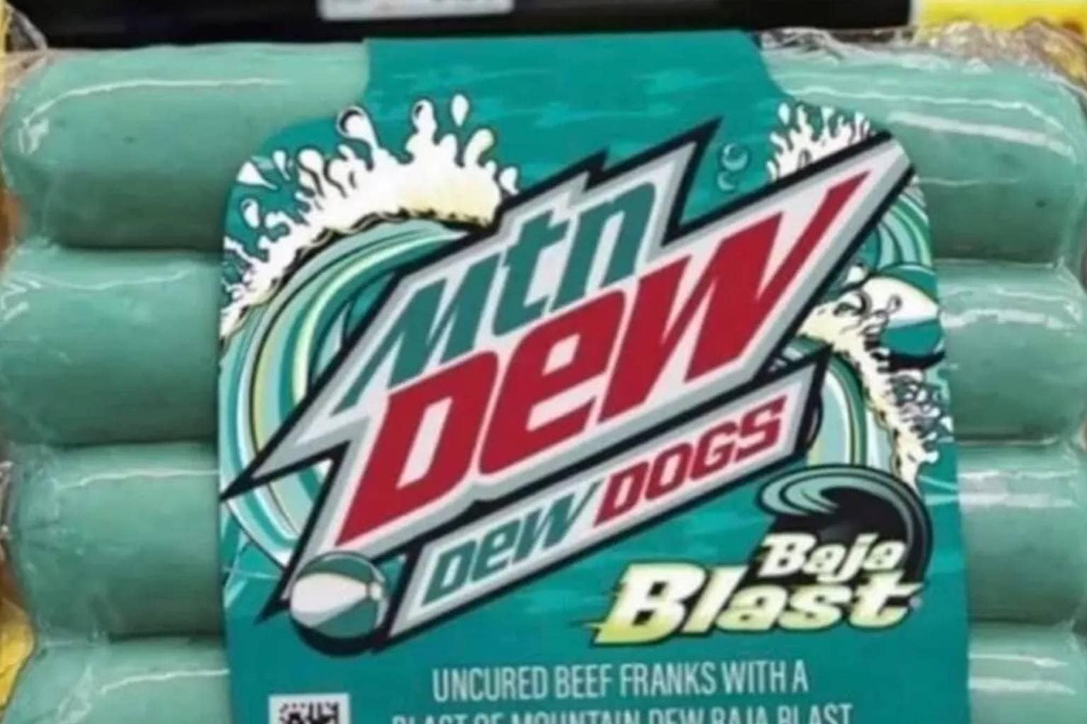 An ultimate visual meme dump master repository collecting top-tier internet humor, ironic corporate observations, and surreal lifestyle hacks; prominently showcasing a commercial package of bright teal Mountain Dew Baja Blast "Dew Dogs" hot dogs, a businessman on a city bus with a legal pad that simply says "muppets" underlined, and a massive stack of convenience store pizzas bought purely out of spite to ruin a rude child's afternoon.