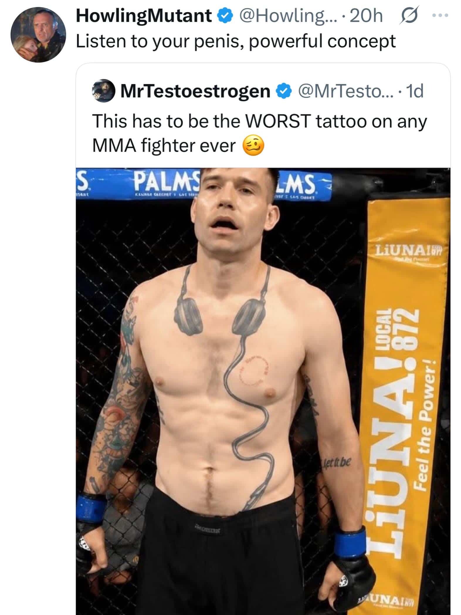 MMA fighter with a large, awkward headphones tattoo trailing down his chest and torso.