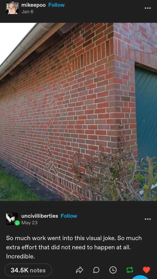 A brick wall expertly laid to look like a cartoon outlines of a person smashing through it.