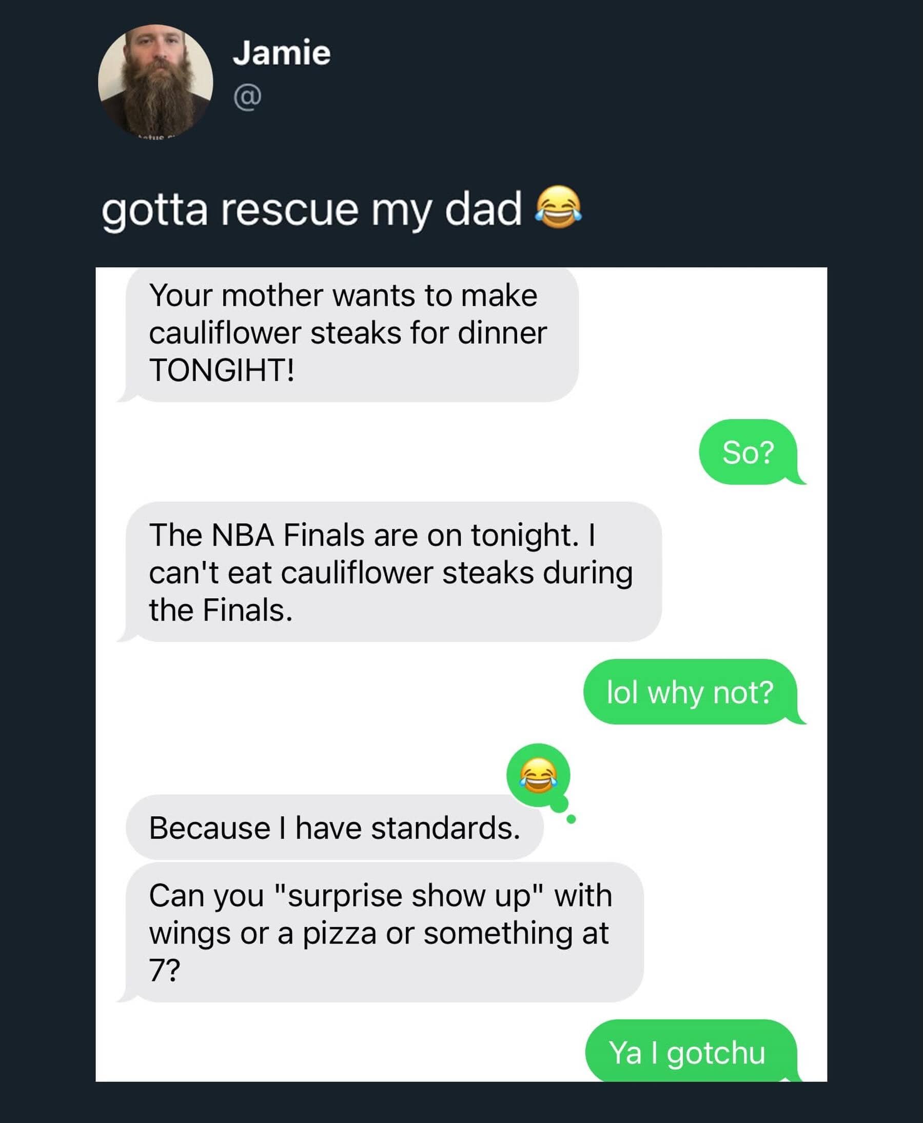 Screenshot of a text message thread where a dad begs his son to bring over pizza.